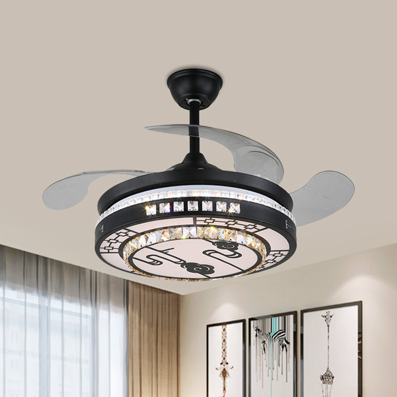 4 Blades LED Round Semi Flush Modern Black Finish Clear Square Crystals Hanging Fan Light, with Chinese Knot/Flower/Half Circular Pattern, 19 Wide Clearhalo 'Ceiling Fans with Lights' 'Ceiling Fans' 'Modern Ceiling Fans' 'Modern' Lighting' 1426266