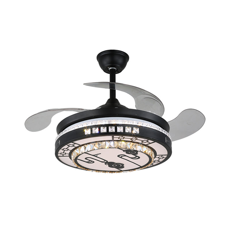4 Blades LED Round Semi Flush Modern Black Finish Clear Square Crystals Hanging Fan Light, with Chinese Knot/Flower/Half Circular Pattern, 19 Wide Clearhalo 'Ceiling Fans with Lights' 'Ceiling Fans' 'Modern Ceiling Fans' 'Modern' Lighting' 1426267