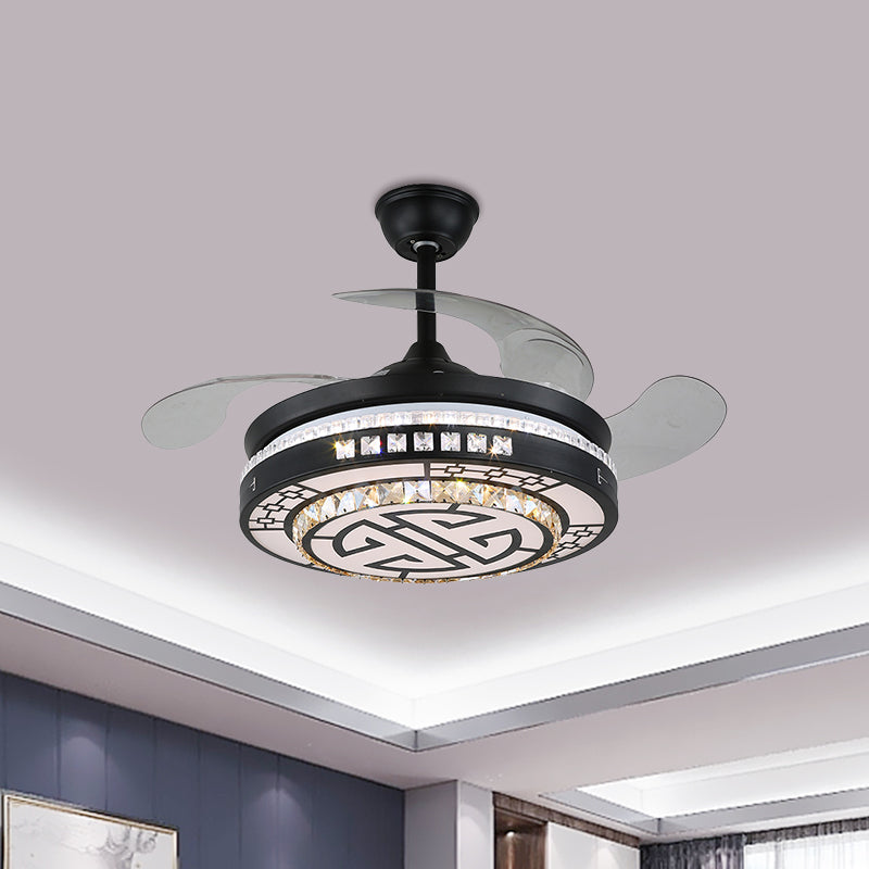4 Blades LED Round Semi Flush Modern Black Finish Clear Square Crystals Hanging Fan Light, with Chinese Knot/Flower/Half Circular Pattern, 19 Wide Clearhalo 'Ceiling Fans with Lights' 'Ceiling Fans' 'Modern Ceiling Fans' 'Modern' Lighting' 1426270