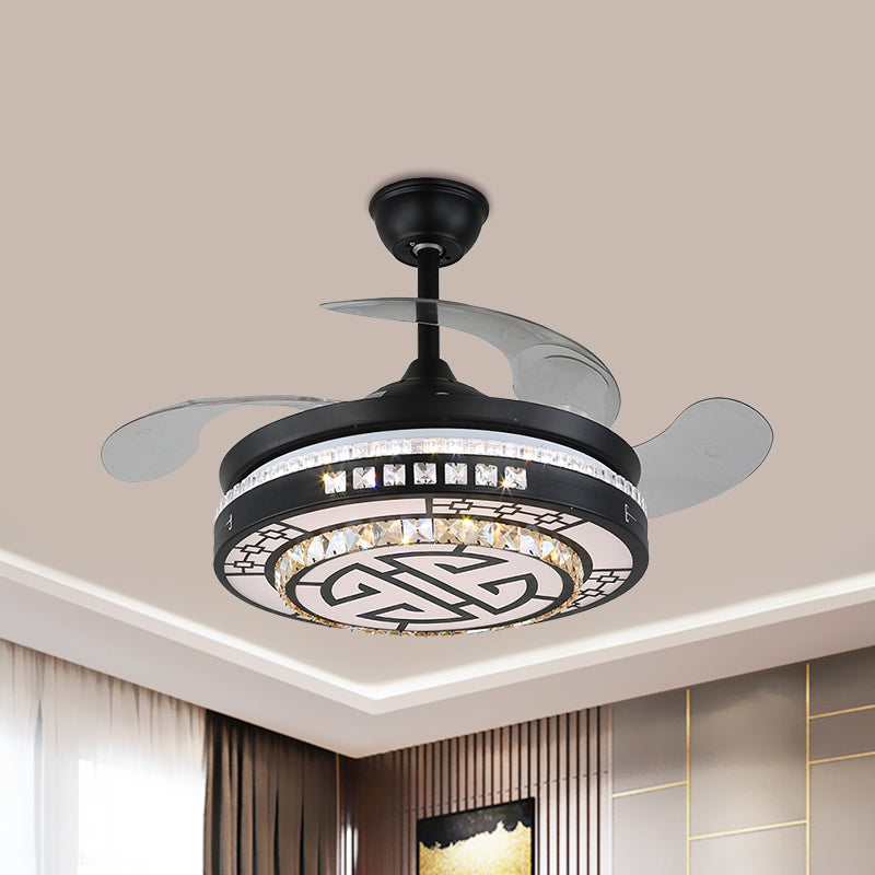 4 Blades LED Round Semi Flush Modern Black Finish Clear Square Crystals Hanging Fan Light, with Chinese Knot/Flower/Half Circular Pattern, 19 Wide Clearhalo 'Ceiling Fans with Lights' 'Ceiling Fans' 'Modern Ceiling Fans' 'Modern' Lighting' 1426271