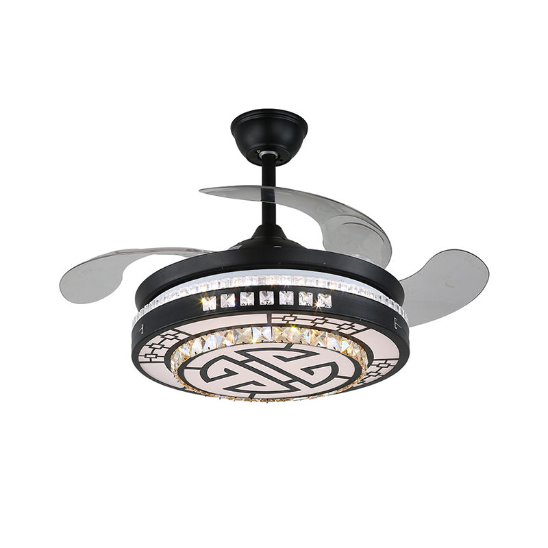 4 Blades LED Round Semi Flush Modern Black Finish Clear Square Crystals Hanging Fan Light, with Chinese Knot/Flower/Half Circular Pattern, 19 Wide Clearhalo 'Ceiling Fans with Lights' 'Ceiling Fans' 'Modern Ceiling Fans' 'Modern' Lighting' 1426272