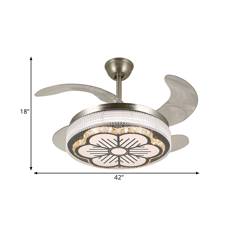 Stainless-Steel LED Semi Flush Light Contemporary Crystal Blocks Circular 4 Blades Ceiling Fan Lamp, 19" Width Clearhalo 'Ceiling Fans with Lights' 'Ceiling Fans' 'Modern Ceiling Fans' 'Modern' Lighting' 1426287