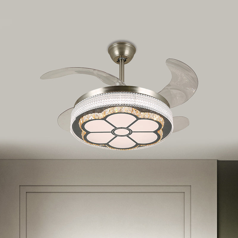 Stainless-Steel LED Semi Flush Light Contemporary Crystal Blocks Circular 4 Blades Ceiling Fan Lamp, 19" Width Clearhalo 'Ceiling Fans with Lights' 'Ceiling Fans' 'Modern Ceiling Fans' 'Modern' Lighting' 1426289