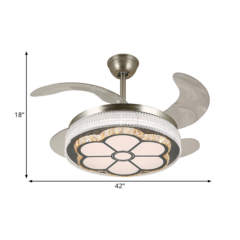 Stainless-Steel LED Semi Flush Light Contemporary Crystal Blocks Circular 4 Blades Ceiling Fan Lamp, 19" Width Clearhalo 'Ceiling Fans with Lights' 'Ceiling Fans' 'Modern Ceiling Fans' 'Modern' Lighting' 1426292