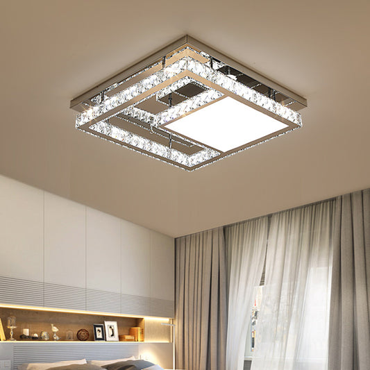 LED Clear Crystal Blocks Flushmount Light Contemporary Stainless-Steel Square Bedchamber Ceiling Fixture, 19.5"/23.5" Width Stainless-Steel Clearhalo 'Ceiling Lights' 'Close To Ceiling Lights' 'Close to ceiling' 'Semi-flushmount' Lighting' 1426335