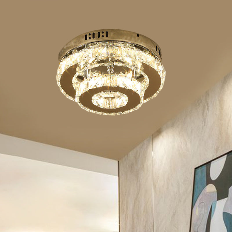 Stainless-Steel LED Semi Flush Mount Contemporary Clear Crystal Blocks Round/Triangle/Double Ring Ceiling Lamp Stainless-Steel Round Clearhalo 'Ceiling Lights' 'Close To Ceiling Lights' 'Close to ceiling' 'Semi-flushmount' Lighting' 1426354