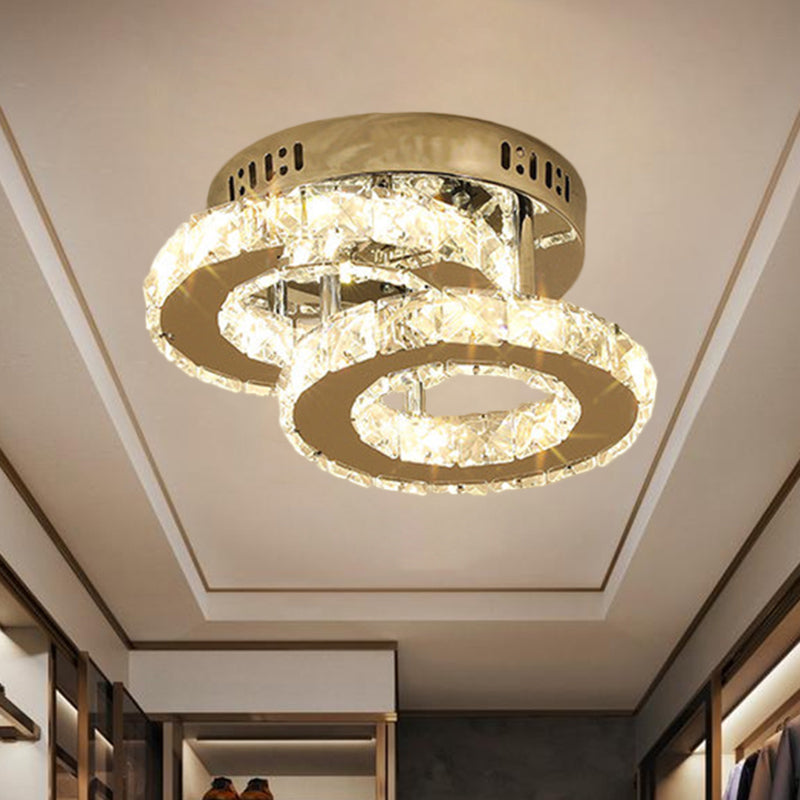 Round/Square/Semicircle Ceiling Mount Modern Clear Crystal Blocks LED Corridor Semi Light Fixture in Stainless-Steel Stainless-Steel Round Clearhalo 'Ceiling Lights' 'Close To Ceiling Lights' 'Close to ceiling' 'Semi-flushmount' Lighting' 1426363