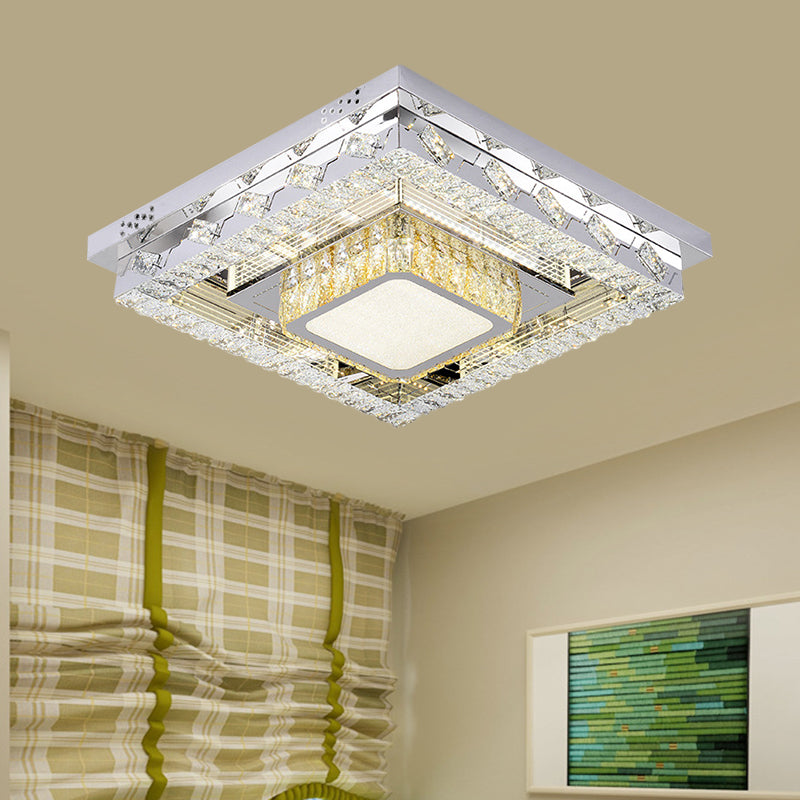 Clear Crystal Blocks LED Flush Mount Contemporary Stainless-Steel Square/Circular Parlor Ceiling Light Fixture Stainless-Steel Square Plate Clearhalo 'Ceiling Lights' 'Close To Ceiling Lights' 'Close to ceiling' 'Flush mount' Lighting' 1426385