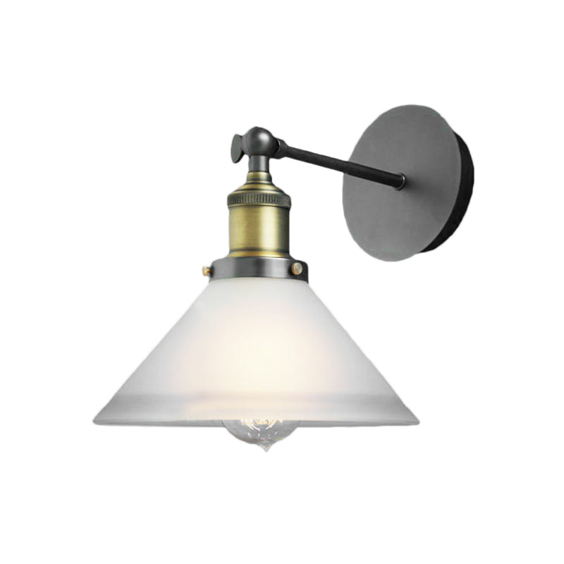 Industrial Cone Wall Lighting Fixture 1 Bulb Frosted Glass Sconce Light in Antique Brass Clearhalo 'Art deco wall lights' 'Cast Iron' 'Glass' 'Industrial wall lights' 'Industrial' 'Middle century wall lights' 'Modern' 'Rustic wall lights' 'Tiffany' 'Traditional wall lights' 'Wall Lamps & Sconces' 'Wall Lights' Lighting' 142648