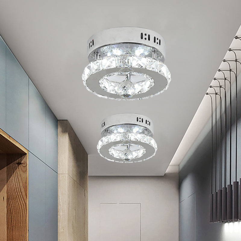 Clear Beveled Crystals Stainless-Steel Semi Flush Round LED Contemporary Lighting Fixture in White/Warm Light Stainless-Steel Clearhalo 'Ceiling Lights' 'Close To Ceiling Lights' 'Close to ceiling' 'Semi-flushmount' Lighting' 1426488