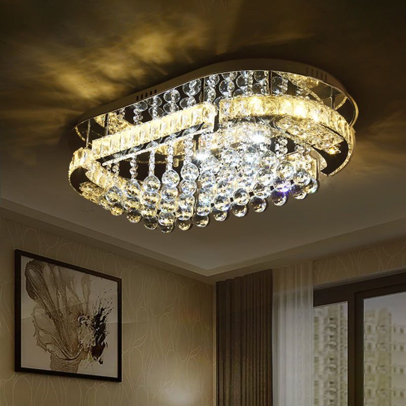 Stainless-Steel LED Light Fixture Contemporary Clear Cut Crystal Blocks Oval Semi Flush with Ball Droplets Clearhalo 'Ceiling Lights' 'Close To Ceiling Lights' 'Close to ceiling' 'Semi-flushmount' Lighting' 1426508