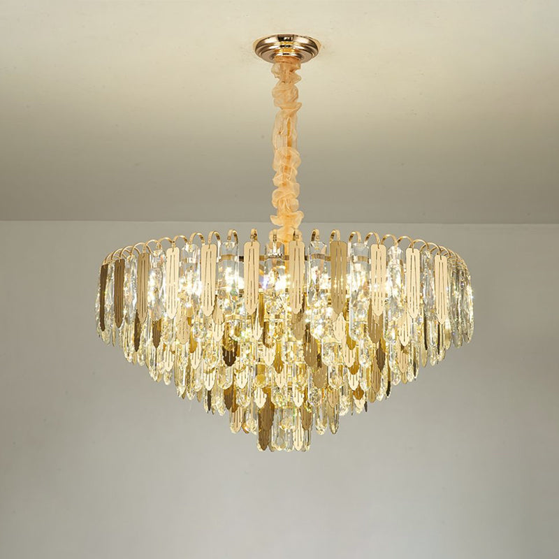 Gold Tapered Hanging Lighting Contemporary Clear Crystal Draping 6 Heads Bedchamber Chandelier Lamp Clearhalo 'Ceiling Lights' 'Chandeliers' 'Modern Chandeliers' 'Modern' Lighting' 1426662