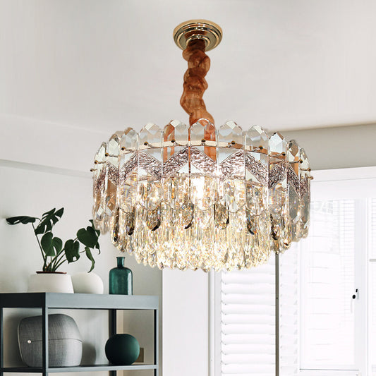 9 Bulbs Clear Crystal Draping Ceiling Chandelier Modern Champagne/Smoke Gray Finish Drum Bedchamber Pendant Lamp Smoke Gray Clearhalo 'Ceiling Lights' 'Chandeliers' 'Modern Chandeliers' 'Modern' Lighting' 1426691