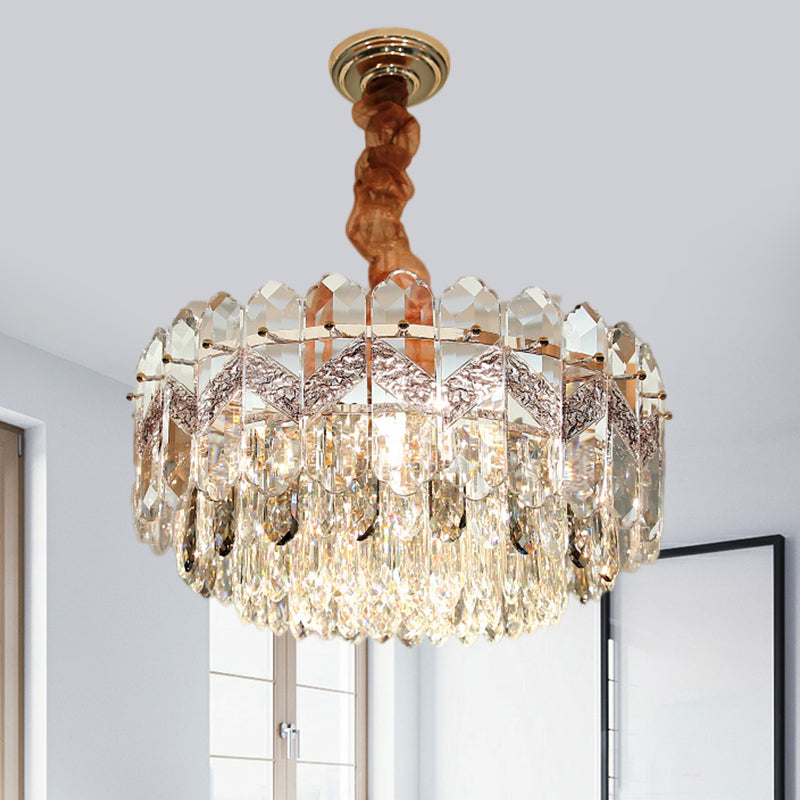 9 Bulbs Clear Crystal Draping Ceiling Chandelier Modern Champagne/Smoke Gray Finish Drum Bedchamber Pendant Lamp Clearhalo 'Ceiling Lights' 'Chandeliers' 'Modern Chandeliers' 'Modern' Lighting' 1426692