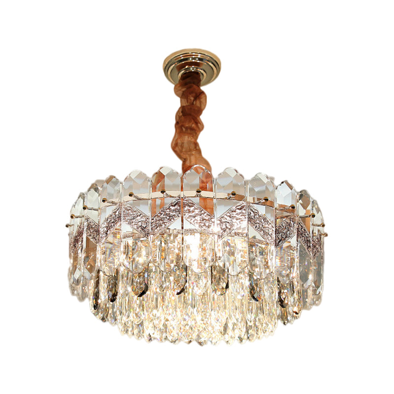 9 Bulbs Clear Crystal Draping Ceiling Chandelier Modern Champagne/Smoke Gray Finish Drum Bedchamber Pendant Lamp Clearhalo 'Ceiling Lights' 'Chandeliers' 'Modern Chandeliers' 'Modern' Lighting' 1426693