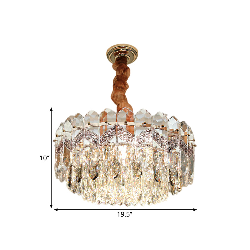 9 Bulbs Clear Crystal Draping Ceiling Chandelier Modern Champagne/Smoke Gray Finish Drum Bedchamber Pendant Lamp Clearhalo 'Ceiling Lights' 'Chandeliers' 'Modern Chandeliers' 'Modern' Lighting' 1426694