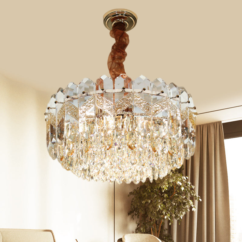 9 Bulbs Clear Crystal Draping Ceiling Chandelier Modern Champagne/Smoke Gray Finish Drum Bedchamber Pendant Lamp Champagne Clearhalo 'Ceiling Lights' 'Chandeliers' 'Modern Chandeliers' 'Modern' Lighting' 1426695