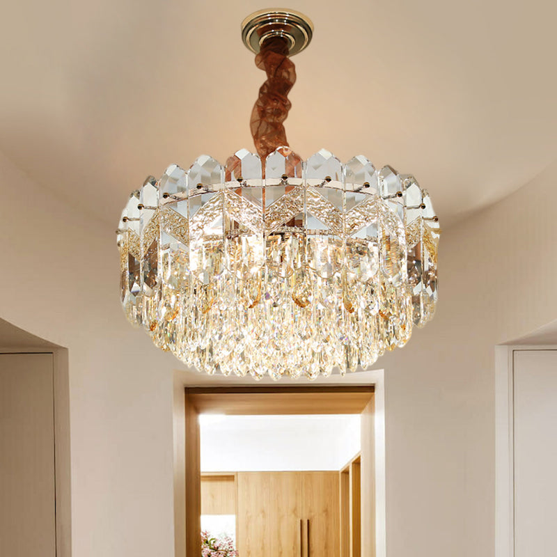 9 Bulbs Clear Crystal Draping Ceiling Chandelier Modern Champagne/Smoke Gray Finish Drum Bedchamber Pendant Lamp Clearhalo 'Ceiling Lights' 'Chandeliers' 'Modern Chandeliers' 'Modern' Lighting' 1426696