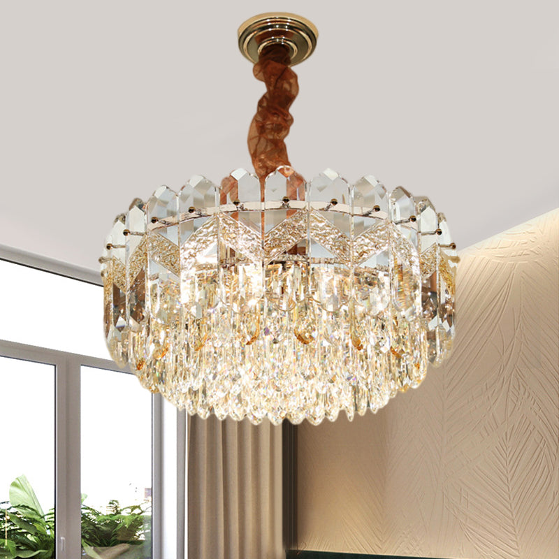 9 Bulbs Clear Crystal Draping Ceiling Chandelier Modern Champagne/Smoke Gray Finish Drum Bedchamber Pendant Lamp Clearhalo 'Ceiling Lights' 'Chandeliers' 'Modern Chandeliers' 'Modern' Lighting' 1426697