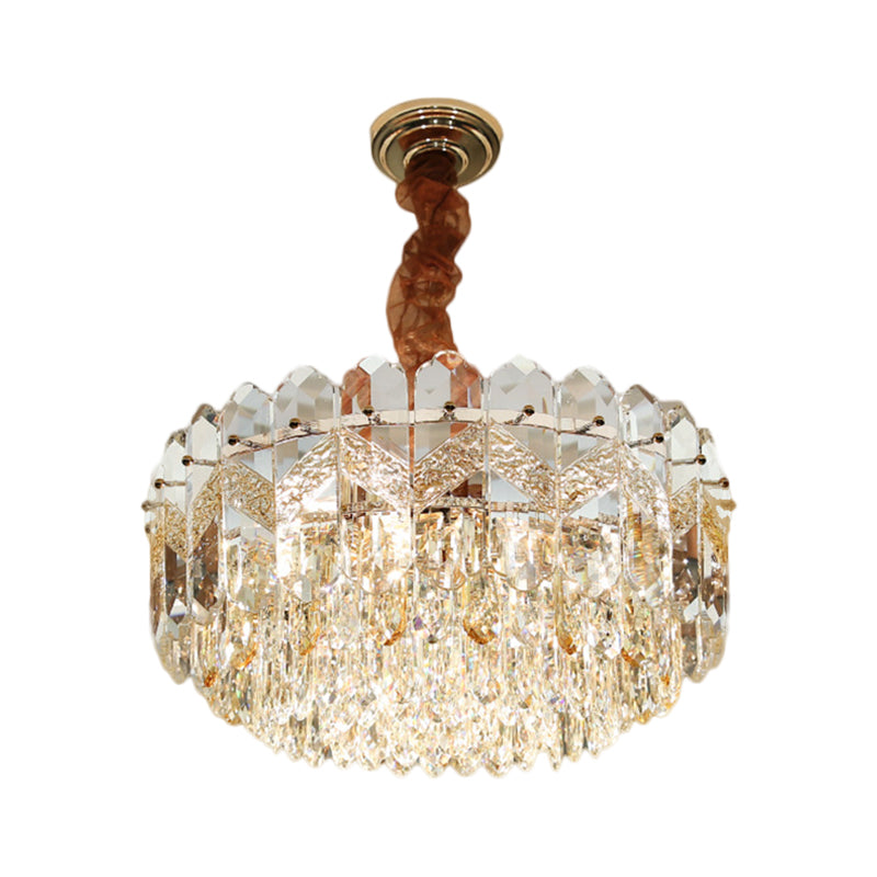 9 Bulbs Clear Crystal Draping Ceiling Chandelier Modern Champagne/Smoke Gray Finish Drum Bedchamber Pendant Lamp Clearhalo 'Ceiling Lights' 'Chandeliers' 'Modern Chandeliers' 'Modern' Lighting' 1426698