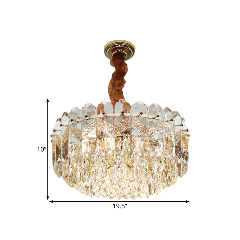 9 Bulbs Clear Crystal Draping Ceiling Chandelier Modern Champagne/Smoke Gray Finish Drum Bedchamber Pendant Lamp Clearhalo 'Ceiling Lights' 'Chandeliers' 'Modern Chandeliers' 'Modern' Lighting' 1426699