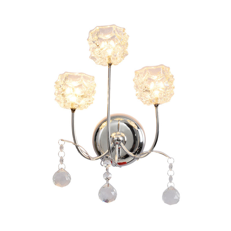 Chrome 3 Heads Wall Sconce Contemporary Metal Curvy Arm Wall Lighting with Floral Crystal Shade Clearhalo 'Cast Iron' 'Glass' 'Industrial' 'Modern wall lights' 'Modern' 'Tiffany' 'Traditional wall lights' 'Wall Lamps & Sconces' 'Wall Lights' Lighting' 1426702