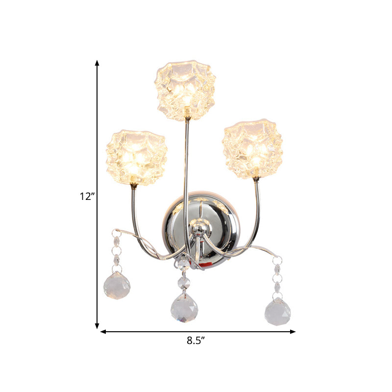 Chrome 3 Heads Wall Sconce Contemporary Metal Curvy Arm Wall Lighting with Floral Crystal Shade Clearhalo 'Cast Iron' 'Glass' 'Industrial' 'Modern wall lights' 'Modern' 'Tiffany' 'Traditional wall lights' 'Wall Lamps & Sconces' 'Wall Lights' Lighting' 1426703