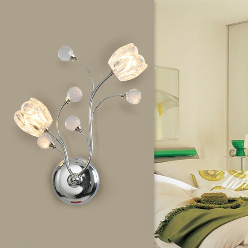 Clear Cut Crystal Balls Chrome Wall Lamp Swirling Arm 2 Bulbs Modern Surface Wall Sconce with Flower Shade Chrome Clearhalo 'Cast Iron' 'Glass' 'Industrial' 'Modern wall lights' 'Modern' 'Tiffany' 'Traditional wall lights' 'Wall Lamps & Sconces' 'Wall Lights' Lighting' 1426704