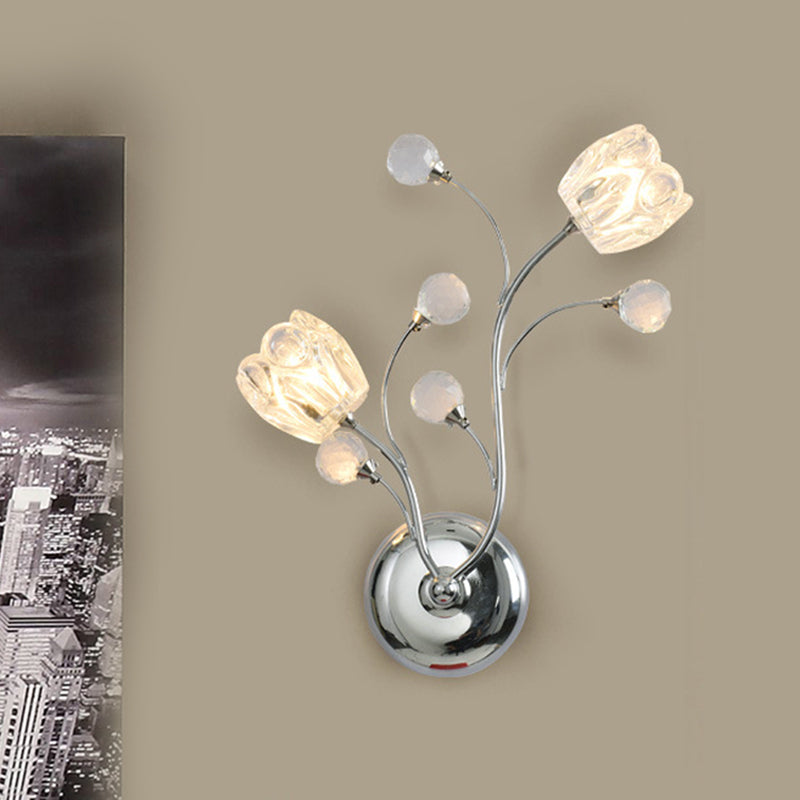 Clear Cut Crystal Balls Chrome Wall Lamp Swirling Arm 2 Bulbs Modern Surface Wall Sconce with Flower Shade Clearhalo 'Cast Iron' 'Glass' 'Industrial' 'Modern wall lights' 'Modern' 'Tiffany' 'Traditional wall lights' 'Wall Lamps & Sconces' 'Wall Lights' Lighting' 1426705