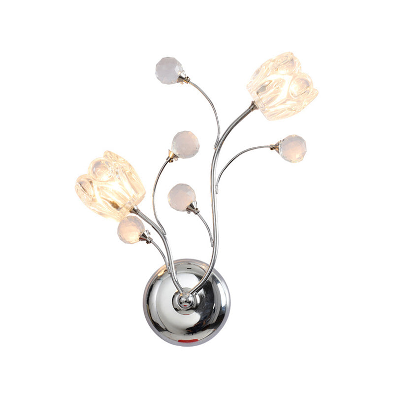 Clear Cut Crystal Balls Chrome Wall Lamp Swirling Arm 2 Bulbs Modern Surface Wall Sconce with Flower Shade Clearhalo 'Cast Iron' 'Glass' 'Industrial' 'Modern wall lights' 'Modern' 'Tiffany' 'Traditional wall lights' 'Wall Lamps & Sconces' 'Wall Lights' Lighting' 1426706