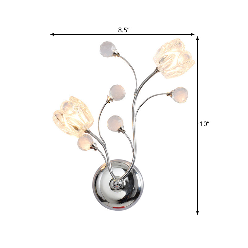 Clear Cut Crystal Balls Chrome Wall Lamp Swirling Arm 2 Bulbs Modern Surface Wall Sconce with Flower Shade Clearhalo 'Cast Iron' 'Glass' 'Industrial' 'Modern wall lights' 'Modern' 'Tiffany' 'Traditional wall lights' 'Wall Lamps & Sconces' 'Wall Lights' Lighting' 1426707