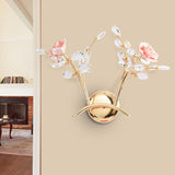 Branch Corridor Wall Lighting Contemporary Clear Crystal Raindrops 2 Heads Gold Wall Mount Lamp with Rose Design Gold Clearhalo 'Modern wall lights' 'Modern' 'Wall Lamps & Sconces' 'Wall Lights' Lighting' 1426708