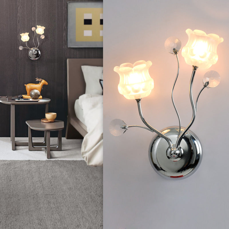 Clear Crystal Orbs Chrome Sconce Light Scrolling Arm 2 Bulbs Modern Wall Lighting with Bloom Shade Chrome Clearhalo 'Modern wall lights' 'Modern' 'Wall Lamps & Sconces' 'Wall Lights' Lighting' 1426712