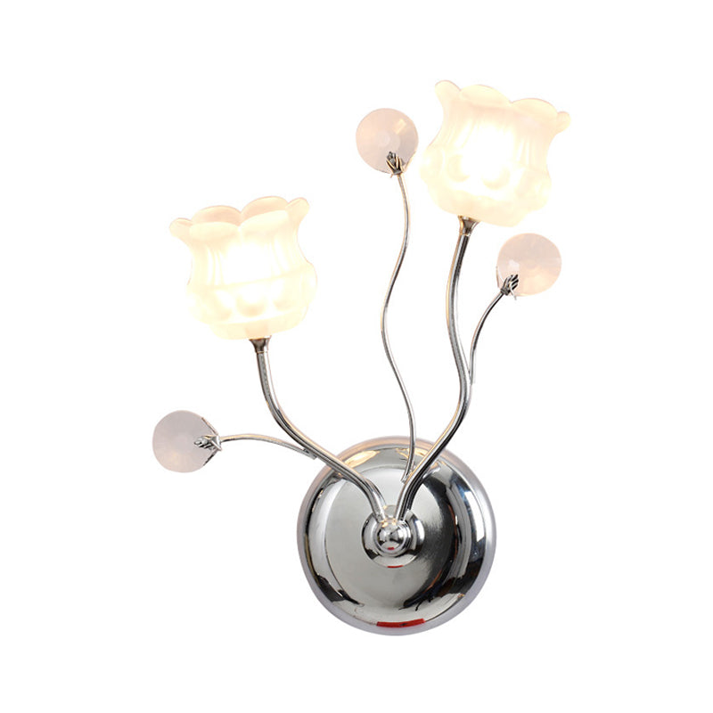 Clear Crystal Orbs Chrome Sconce Light Scrolling Arm 2 Bulbs Modern Wall Lighting with Bloom Shade Clearhalo 'Modern wall lights' 'Modern' 'Wall Lamps & Sconces' 'Wall Lights' Lighting' 1426714