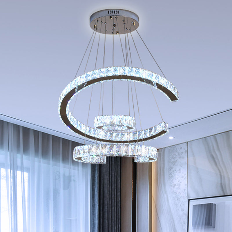 LED 3 Tier C-Shaped Chandelier Light Modern Stainless-Steel Clear Rectangular-Cut Crystals Ceiling Lamp, 21"/23.5" Wide Clearhalo 'Ceiling Lights' 'Chandeliers' 'Modern Chandeliers' 'Modern' Lighting' 1426772