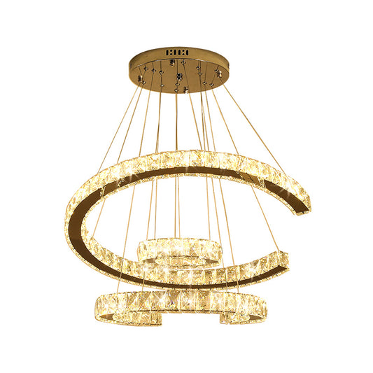 LED 3 Tier C-Shaped Chandelier Light Modern Stainless-Steel Clear Rectangular-Cut Crystals Ceiling Lamp, 21"/23.5" Wide Clearhalo 'Ceiling Lights' 'Chandeliers' 'Modern Chandeliers' 'Modern' Lighting' 1426773