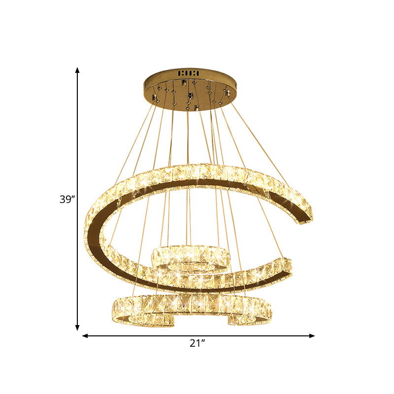 LED 3 Tier C-Shaped Chandelier Light Modern Stainless-Steel Clear Rectangular-Cut Crystals Ceiling Lamp, 21"/23.5" Wide Clearhalo 'Ceiling Lights' 'Chandeliers' 'Modern Chandeliers' 'Modern' Lighting' 1426774