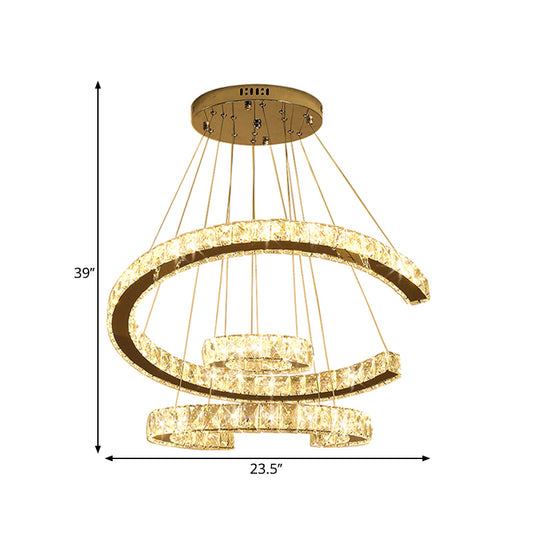 LED 3 Tier C-Shaped Chandelier Light Modern Stainless-Steel Clear Rectangular-Cut Crystals Ceiling Lamp, 21"/23.5" Wide Clearhalo 'Ceiling Lights' 'Chandeliers' 'Modern Chandeliers' 'Modern' Lighting' 1426775