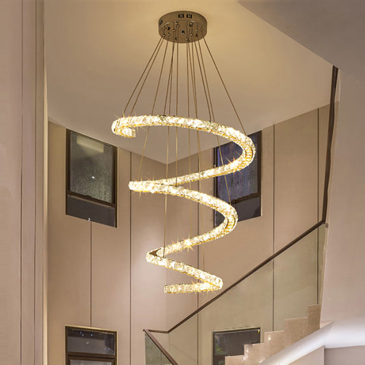4-Tier Spiral Clear Crystal Blocks Pendant Contemporary Living Room LED Chandelier Lighting in Stainless-Steel Stainless-Steel Clearhalo 'Ceiling Lights' 'Chandeliers' 'Modern Chandeliers' 'Modern' Lighting' 1426776