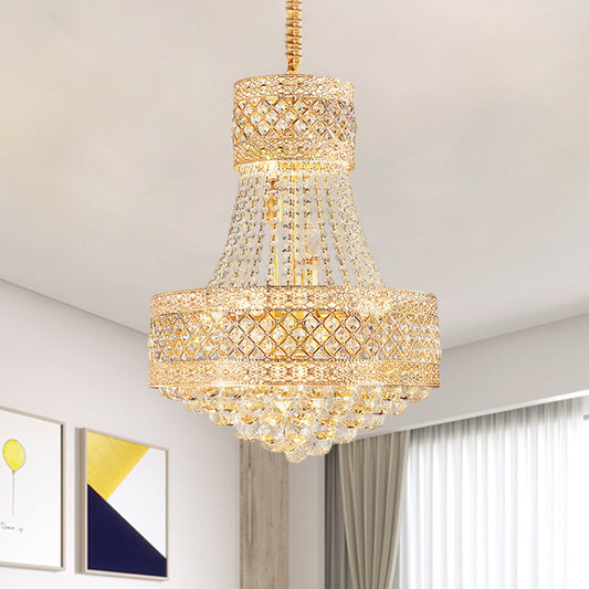 Drum Octagon Crystal Ceiling Hang Fixture Contemporary 3/5 Lights Gold Pendant Chandelier, 12"/15.5" Wide Gold Clearhalo 'Ceiling Lights' 'Chandeliers' 'Modern Chandeliers' 'Modern' Lighting' 1426891
