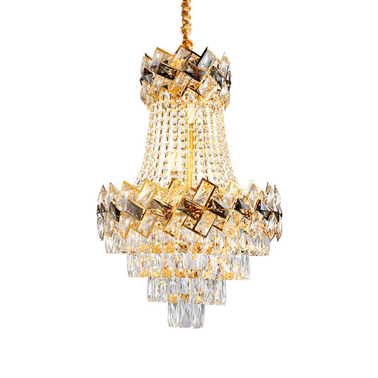 Layered Hanging Pendant Light Contemporary Rectangle-Cut Crystal 3/5-Bulb 12"/16" Wide Gold Chandelier Clearhalo 'Ceiling Lights' 'Chandeliers' 'Modern Chandeliers' 'Modern' Lighting' 1426917
