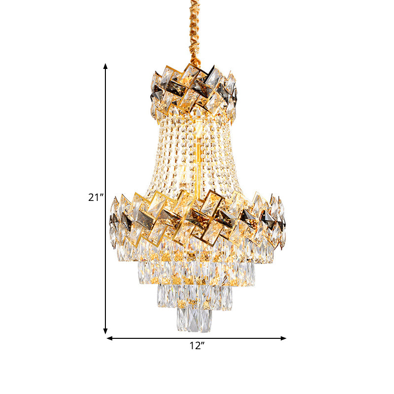 Layered Hanging Pendant Light Contemporary Rectangle-Cut Crystal 3/5-Bulb 12"/16" Wide Gold Chandelier Clearhalo 'Ceiling Lights' 'Chandeliers' 'Modern Chandeliers' 'Modern' Lighting' 1426918