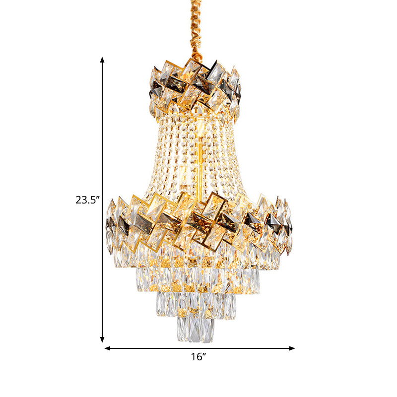 Layered Hanging Pendant Light Contemporary Rectangle-Cut Crystal 3/5-Bulb 12"/16" Wide Gold Chandelier Clearhalo 'Ceiling Lights' 'Chandeliers' 'Modern Chandeliers' 'Modern' Lighting' 1426919