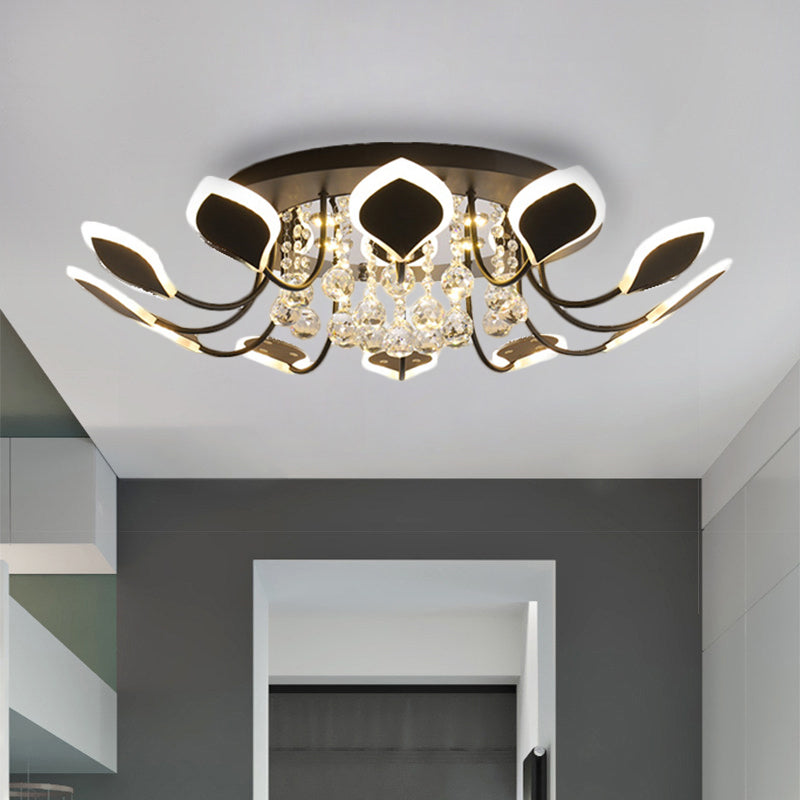 10/12 Heads Parlor Flush Mount Lamp Contemporary Black/White Ceiling Lighting with Raindrop Crystal Shade, Warm/White Light 10 Black Clearhalo 'Ceiling Lights' 'Close To Ceiling Lights' 'Close to ceiling' 'Flush mount' Lighting' 1426995