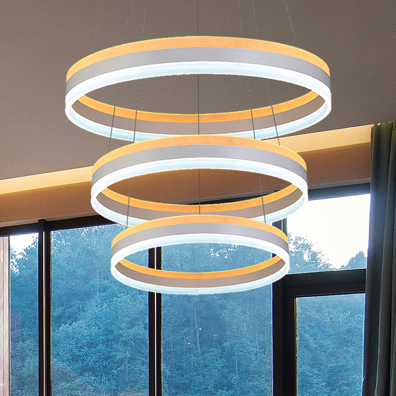 Silver Circular Ceiling Pendant Modern 1/2/3-Light Acrylic LED Chandelier Lighting Fixture 3 Silver Clearhalo 'Ceiling Lights' 'Chandeliers' 'Modern Chandeliers' 'Modern' Lighting' 142715