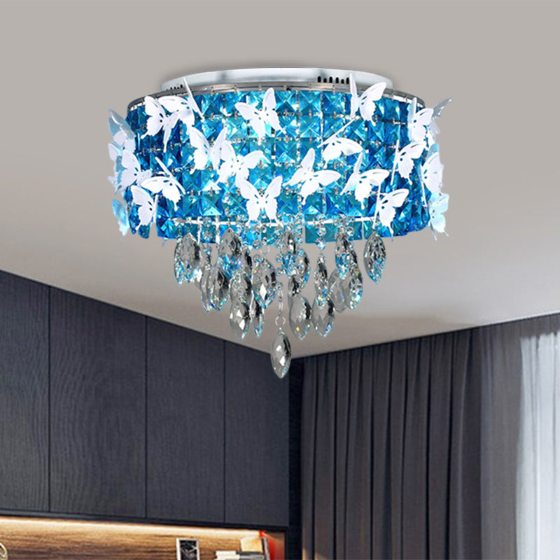 Drum Clear/Amber/Lake Blue Crystal Flush Mount Contemporary Silver LED Ceiling Fixture with Butterfly Deco in Warm/White Light Lake Blue Clearhalo 'Ceiling Lights' 'Close To Ceiling Lights' 'Close to ceiling' 'Flush mount' Lighting' 1427286