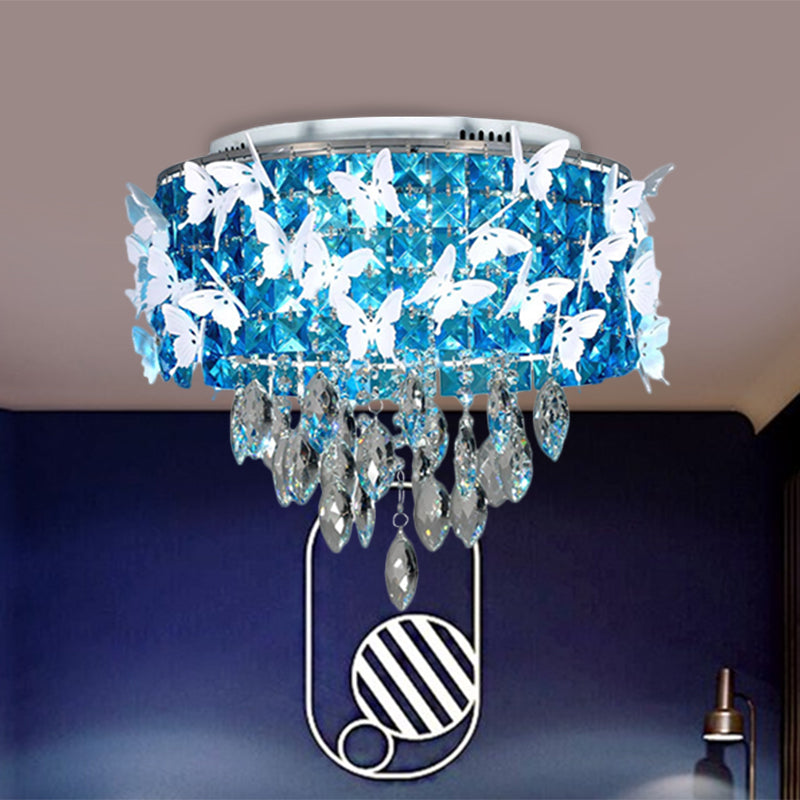 Drum Clear/Amber/Lake Blue Crystal Flush Mount Contemporary Silver LED Ceiling Fixture with Butterfly Deco in Warm/White Light Clearhalo 'Ceiling Lights' 'Close To Ceiling Lights' 'Close to ceiling' 'Flush mount' Lighting' 1427287