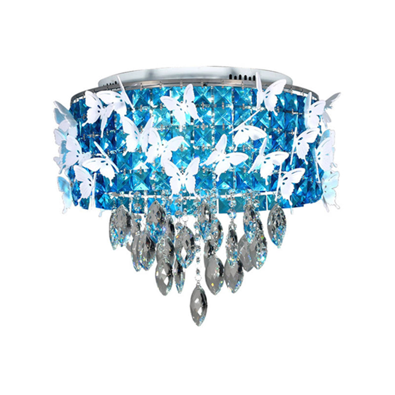 Drum Clear/Amber/Lake Blue Crystal Flush Mount Contemporary Silver LED Ceiling Fixture with Butterfly Deco in Warm/White Light Clearhalo 'Ceiling Lights' 'Close To Ceiling Lights' 'Close to ceiling' 'Flush mount' Lighting' 1427288