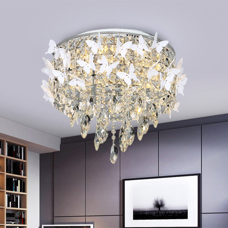 Drum Clear/Amber/Lake Blue Crystal Flush Mount Contemporary Silver LED Ceiling Fixture with Butterfly Deco in Warm/White Light Clear Clearhalo 'Ceiling Lights' 'Close To Ceiling Lights' 'Close to ceiling' 'Flush mount' Lighting' 1427290