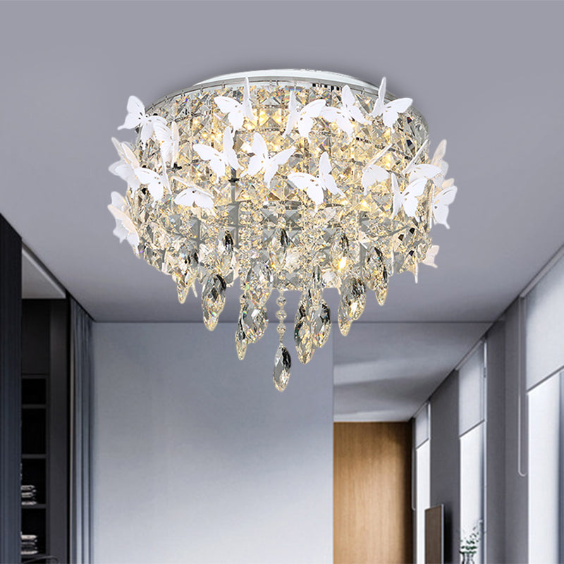 Drum Clear/Amber/Lake Blue Crystal Flush Mount Contemporary Silver LED Ceiling Fixture with Butterfly Deco in Warm/White Light Clearhalo 'Ceiling Lights' 'Close To Ceiling Lights' 'Close to ceiling' 'Flush mount' Lighting' 1427291